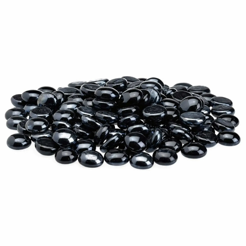 Twilight black tempered glass fire pit beads in a glossy luster finish, featuring rounded drop shapes and a sleek jet-black appearance displayed in a loose pile on white.