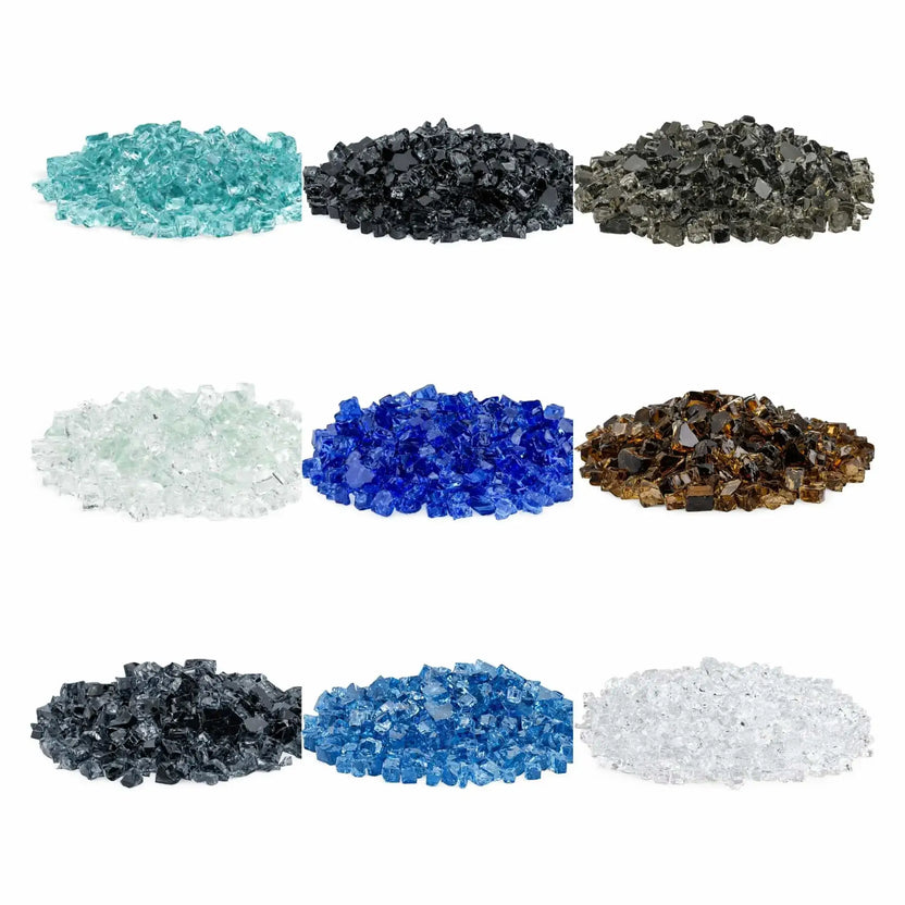 Collection of American Fire Products 1/2 inch Classic Non-Reflective tempered fire glass in multiple colors including Azuria aqua, Black, Bronze, Clear, Starfire Ultra Clear, and Cobalt Blue, arranged in separate piles on a white background to showcase color options for gas fire pits and fireplaces.