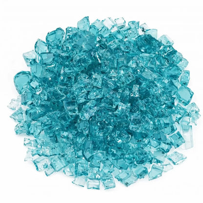 Top-down view of Azuria 1/2 inch Classic Non-Reflective tempered fire glass showing a dense layer of aqua-blue glass pieces with smooth edges and subtle matte sheen, ideal for covering linear gas fire pit burners.