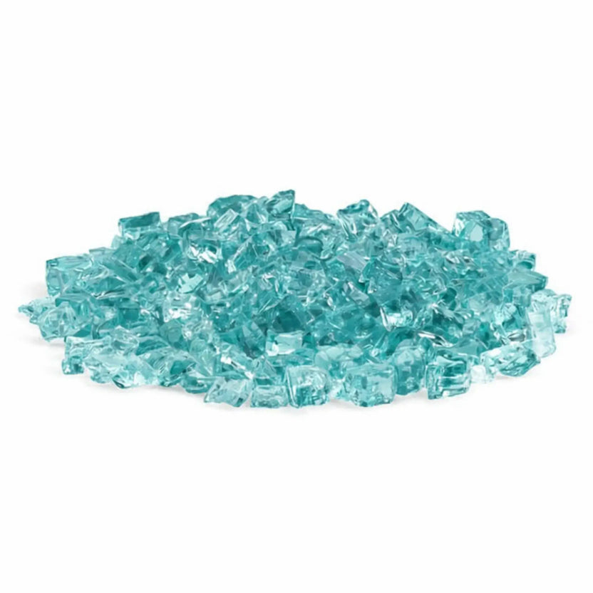 Pile of American Fire Products 1/2 inch Classic Non-Reflective Azuria tempered fire glass, featuring translucent aqua-blue glass chunks with smooth, tumbled edges and a soft matte finish, displayed against a clean white background for fire pit and fireplace media use.