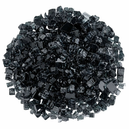 Overhead view of black 1/2 inch Classic Non-Reflective tempered fire glass arranged in a circular pile, showcasing dense coverage, dark reflective depth, and uniform sizing for gas fireplace burners.