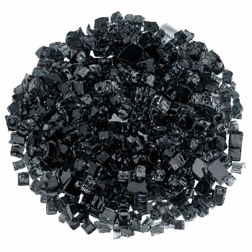 Overhead view of black 1/2 inch Classic Non-Reflective tempered fire glass arranged in a circular pile, showcasing dense coverage, dark reflective depth, and uniform sizing for gas fireplace burners.