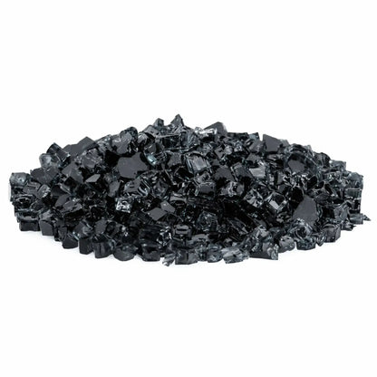 Heap of American Fire Products 1/2 inch Classic Non-Reflective Black tempered fire glass, featuring deep charcoal and jet-black tones with a smooth, tumbled finish, displayed on a white background for modern gas fireplace and fire pit installations.