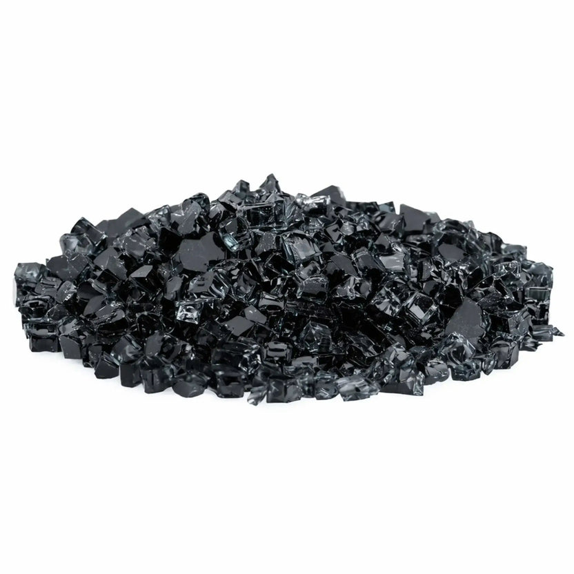 Heap of American Fire Products 1/2 inch Classic Non-Reflective Black tempered fire glass, featuring deep charcoal and jet-black tones with a smooth, tumbled finish, displayed on a white background for modern gas fireplace and fire pit installations.