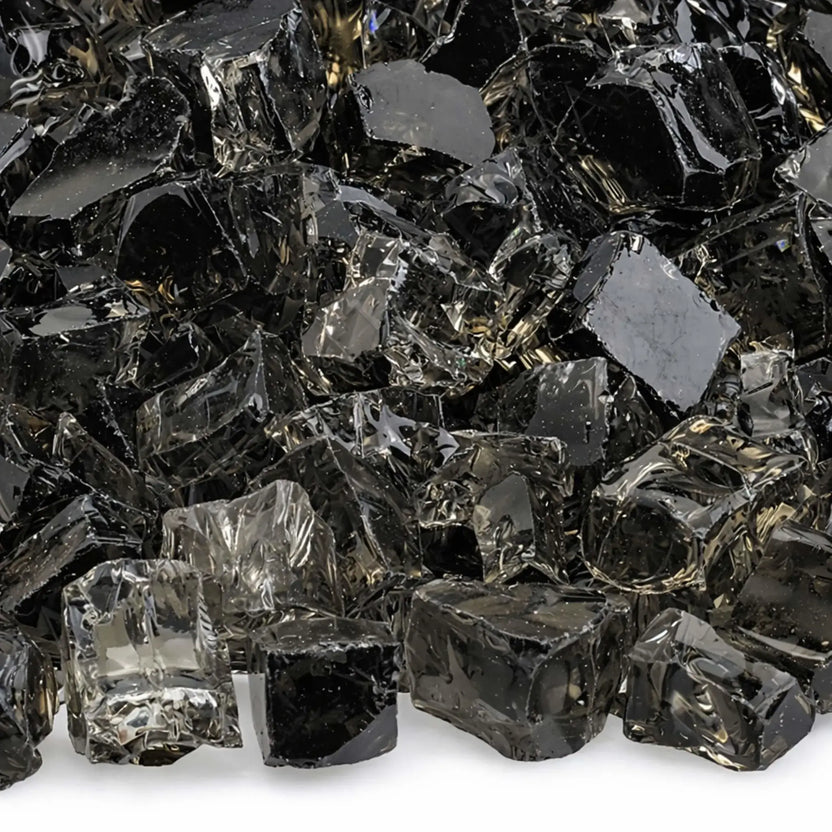 Close-up of American Fire Products 1/2 inch Classic Non-Reflective Bronze tempered fire glass, showing smoky brown and deep charcoal tones with smooth, tumbled edges and subtle matte surfaces designed to reduce glare in gas fire pits and fireplaces.