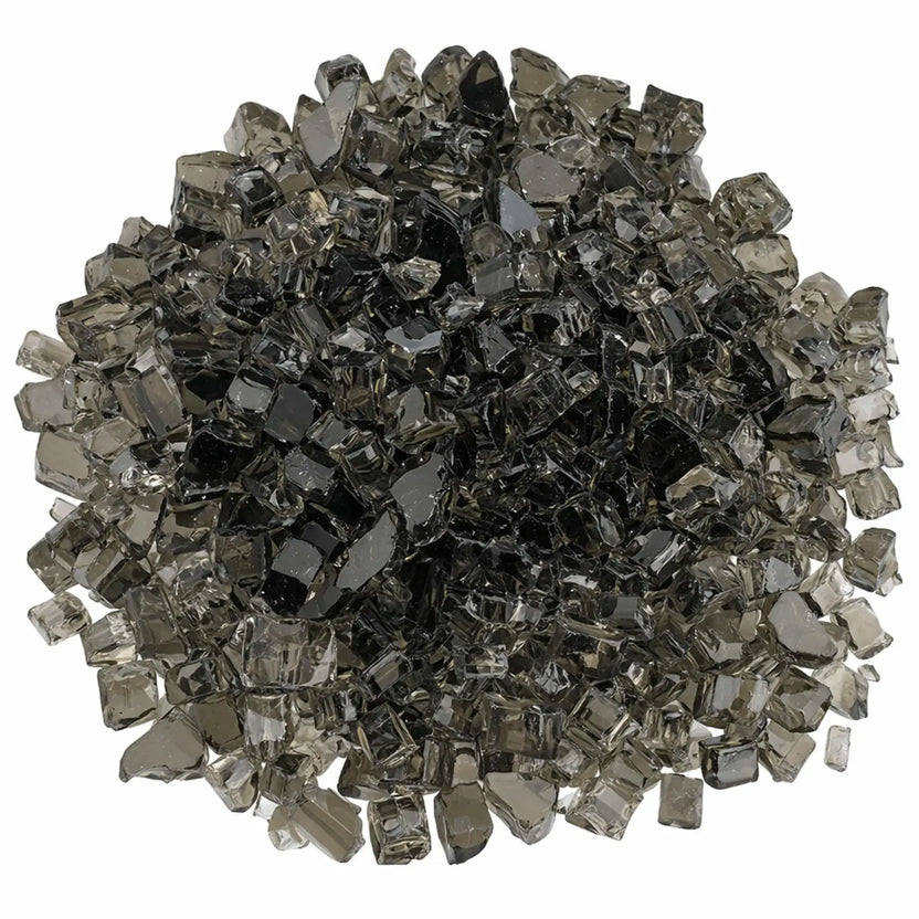Top-down view of 1/2 inch Classic Non-Reflective Bronze tempered fire glass arranged in a full circular pile, highlighting the mix of translucent smoky hues and darker bronze pieces ideal for evenly covering a gas fireplace burner pan.
