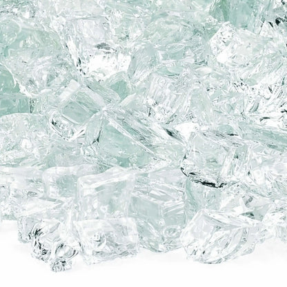 Detailed macro image of clear 1/2 inch non-reflective tempered fire glass, showcasing transparent chunky pieces with light-reflecting facets and subtle texture, engineered for decorative gas fire pit media applications.