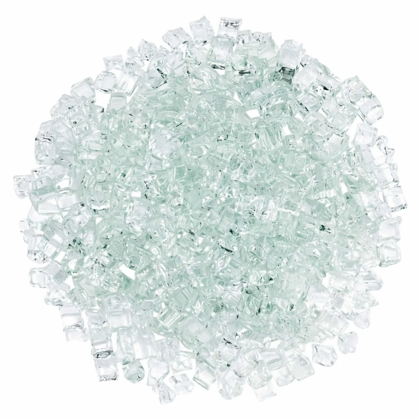 Overhead view of 1/2 inch Classic Non-Reflective Clear tempered fire glass arranged in a dense circular layout, highlighting uniform sizing, clean transparency, and even coverage for gas fireplace and fire pit installations.