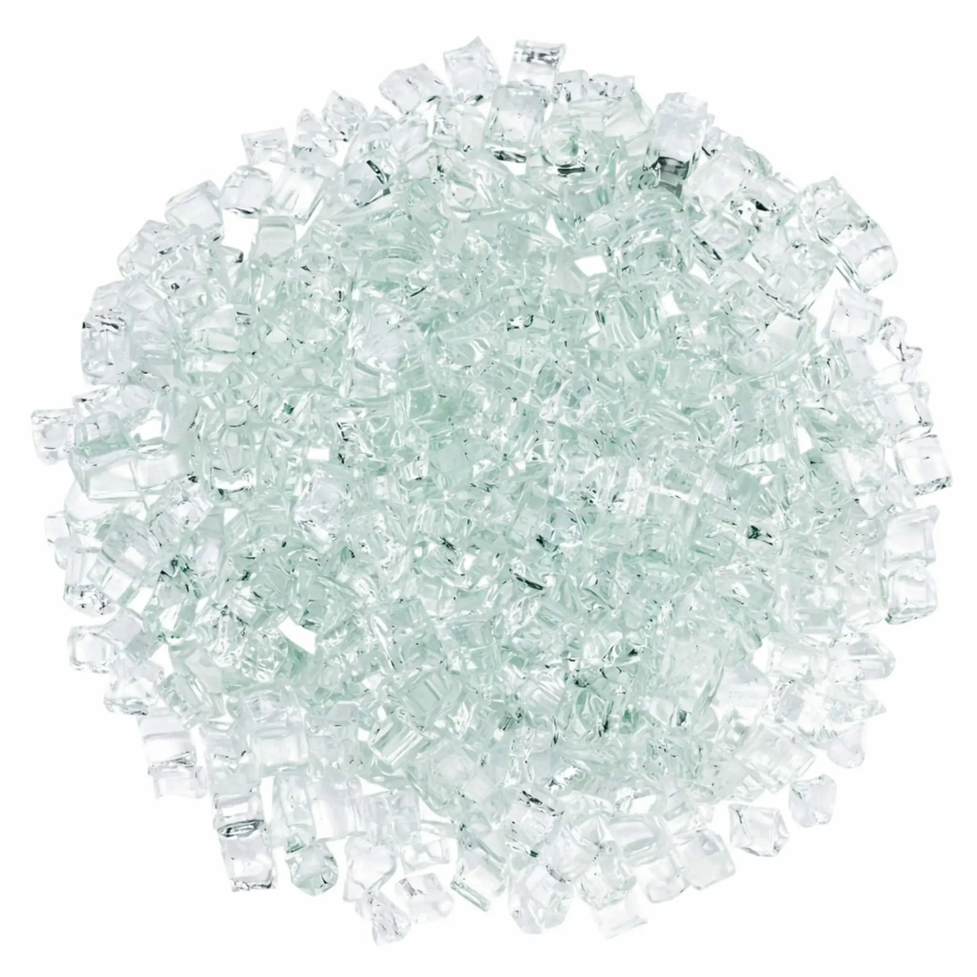 Overhead view of 1/2 inch Classic Non-Reflective Clear tempered fire glass arranged in a dense circular layout, highlighting uniform sizing, clean transparency, and even coverage for gas fireplace and fire pit installations.