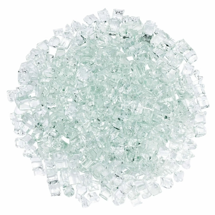 Overhead view of 1/2 inch Classic Non-Reflective Clear tempered fire glass arranged in a dense circular layout, highlighting uniform sizing, clean transparency, and even coverage for gas fireplace and fire pit installations.