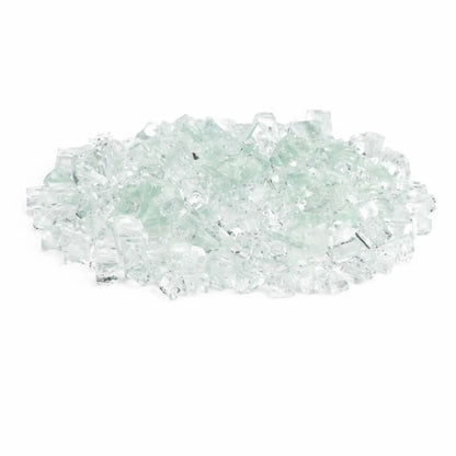 Pile of American Fire Products 1/2 inch Classic Non-Reflective Clear tempered fire glass featuring crystal-clear pieces with a soft frosted sheen and smooth edges, displayed on a white background for use in modern gas fire pits and fireplaces.