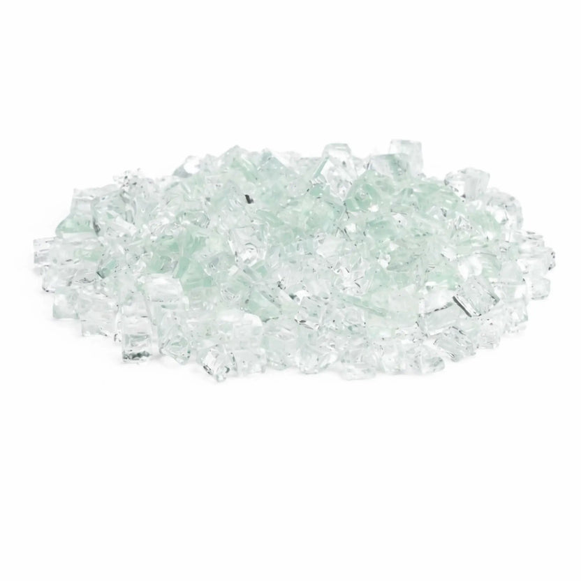 Pile of American Fire Products 1/2 inch Classic Non-Reflective Clear tempered fire glass featuring crystal-clear pieces with a soft frosted sheen and smooth edges, displayed on a white background for use in modern gas fire pits and fireplaces.