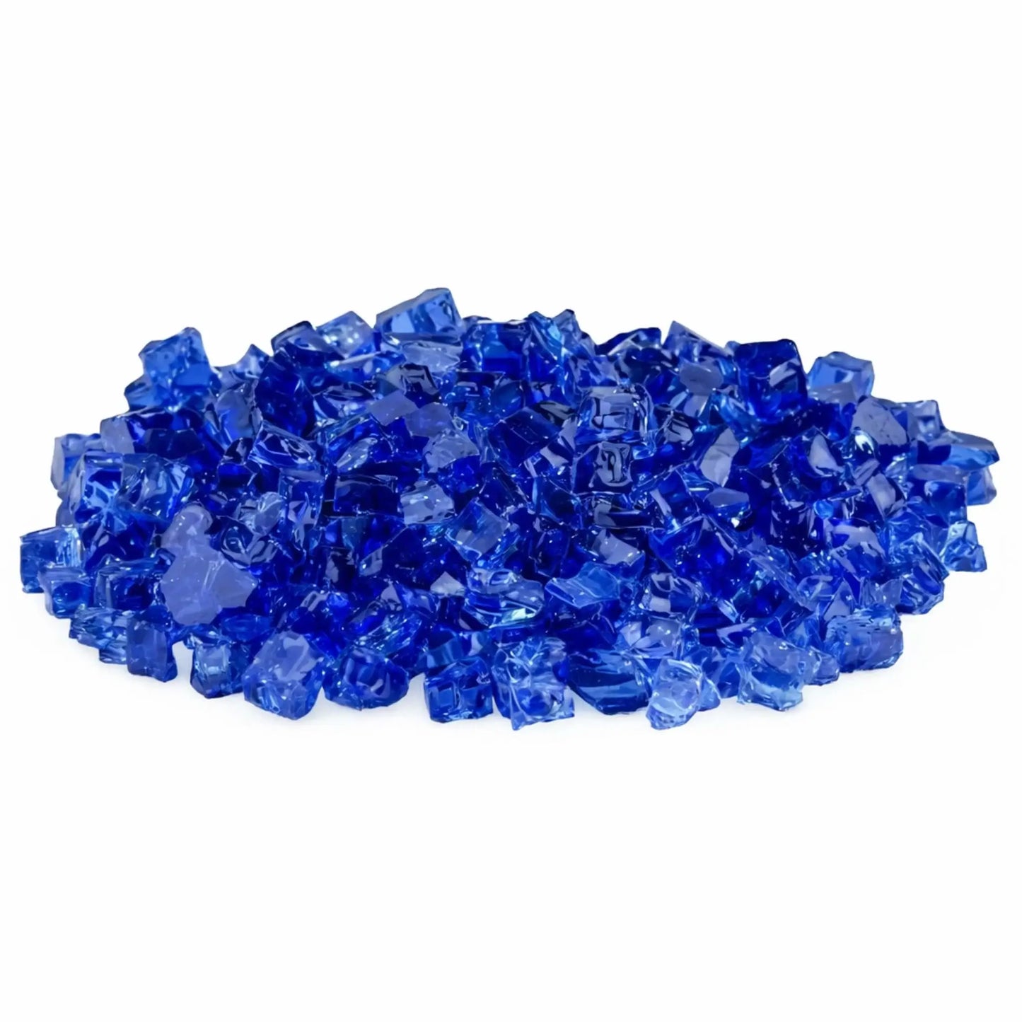 Pile of American Fire Products 1/2 inch Classic Non-Reflective Cobalt Blue tempered fire glass featuring rich sapphire and deep blue tones with smooth, tumbled edges, displayed against a white background for decorative gas fire pit media.