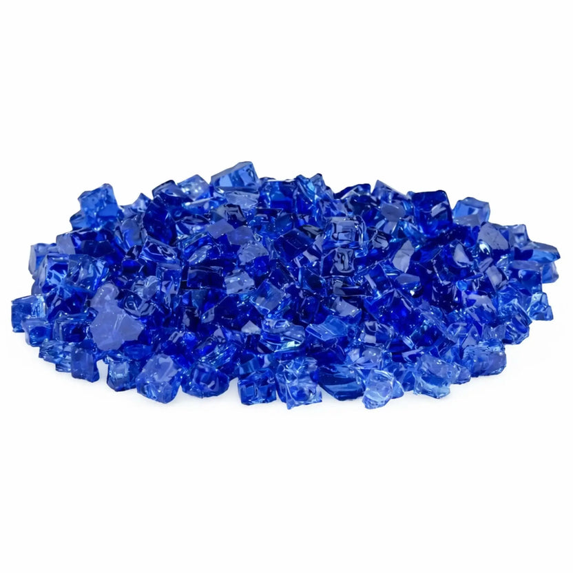 Pile of American Fire Products 1/2 inch Classic Non-Reflective Cobalt Blue tempered fire glass featuring rich sapphire and deep blue tones with smooth, tumbled edges, displayed against a white background for decorative gas fire pit media.