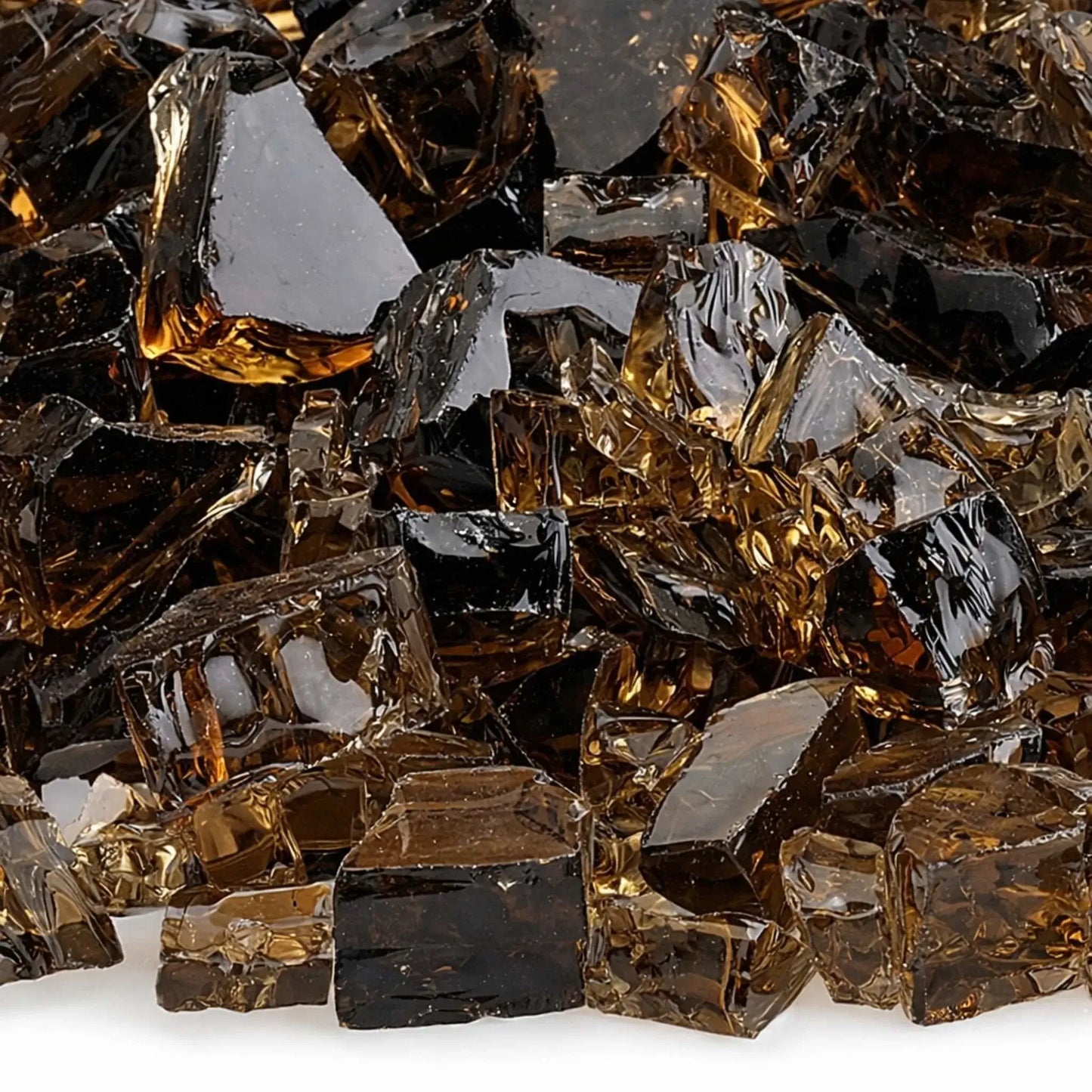 Close-up detail of 1/2 inch non-reflective copper tempered fire glass, highlighting the blend of translucent golden brown and darker bronze pieces with smooth, broken edges designed to enhance flame reflection in contemporary gas fireplaces.