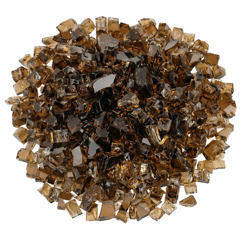 Top-down view of 1/2 inch Classic Non-Reflective Copper tempered fire glass arranged in a full circular mound, revealing a mix of warm amber and smoky bronze tones ideal for decorative gas fireplace burner coverage.