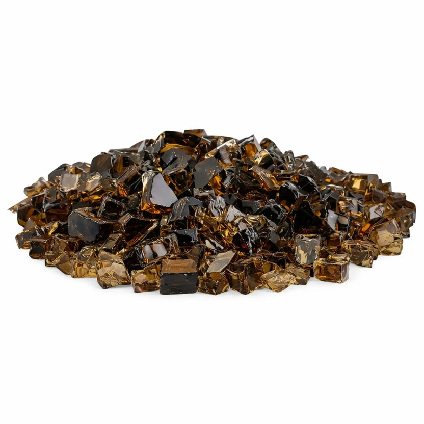 Pile of American Fire Products 1/2 inch Classic Non-Reflective Copper tempered fire glass featuring warm amber and deep copper hues with glossy surfaces and softened edges, displayed on a white background for modern gas fire pit and fireplace installations.