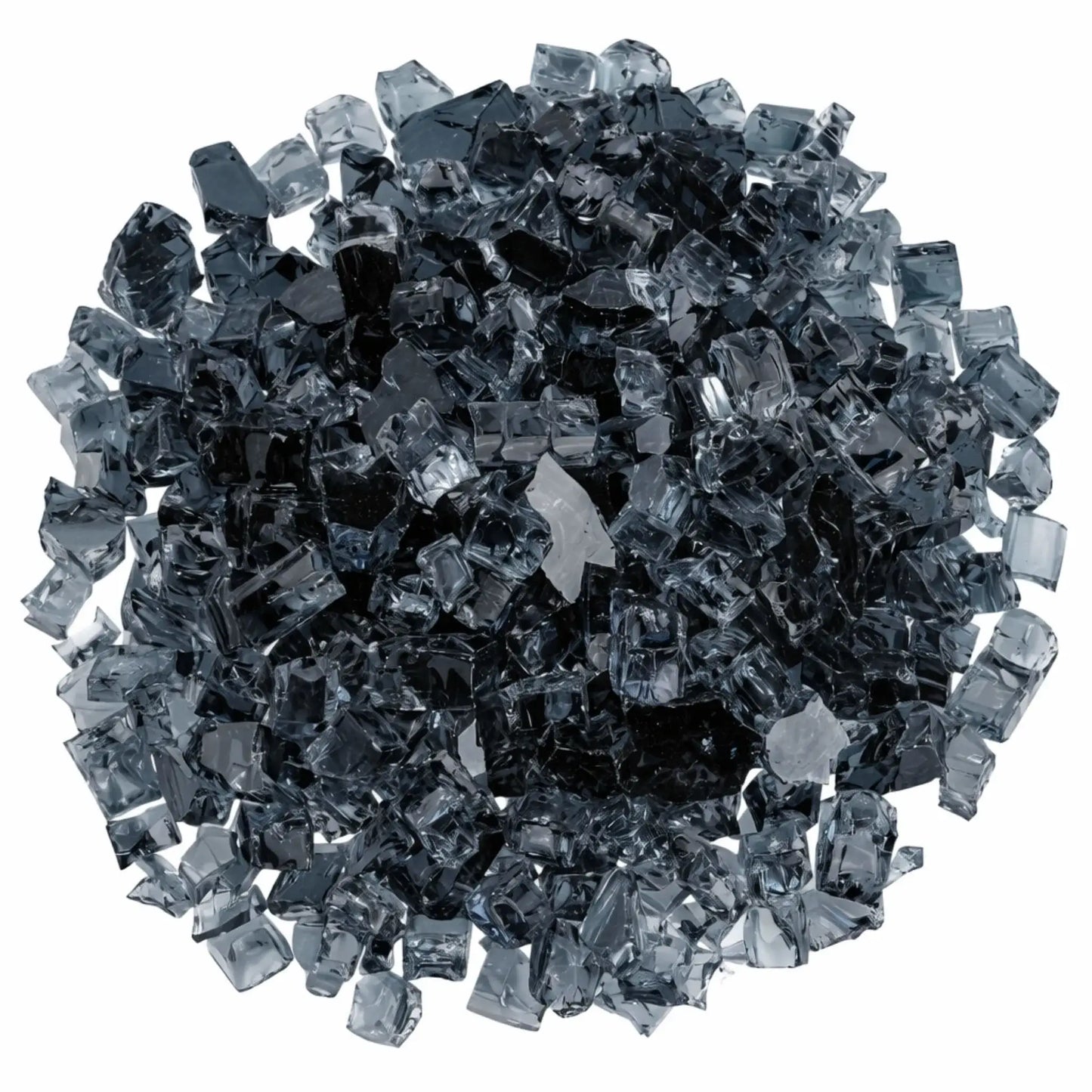 Overhead view of 1/2 inch Classic Non-Reflective Gray tempered fire glass arranged in a dense circular layout, highlighting uniform sizing, deep smoky coloration, and even coverage for gas fireplace and fire pit applications.