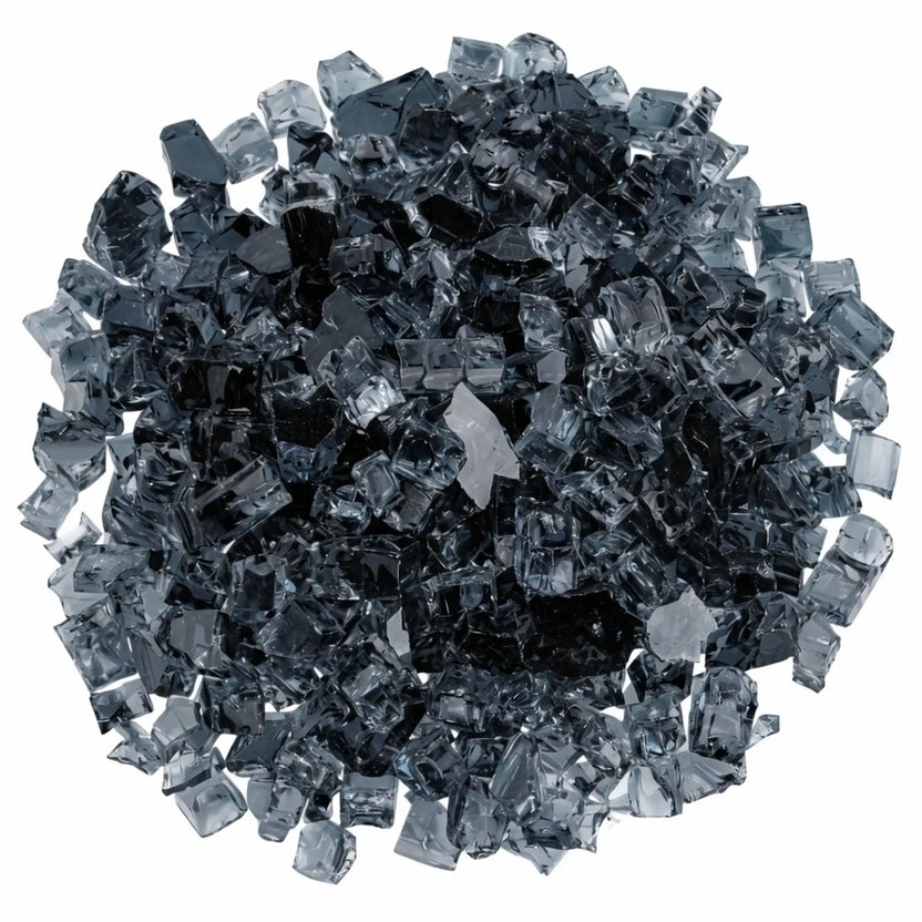 Overhead view of 1/2 inch Classic Non-Reflective Gray tempered fire glass arranged in a dense circular layout, highlighting uniform sizing, deep smoky coloration, and even coverage for gas fireplace and fire pit applications.
