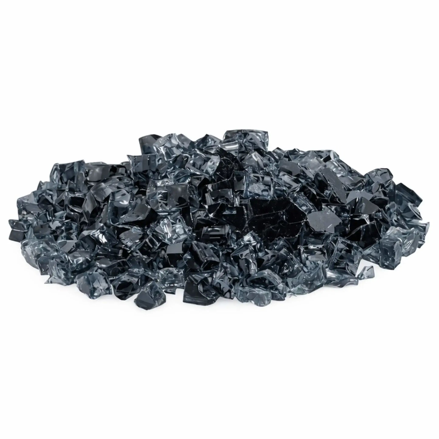 Pile of American Fire Products 1/2 inch Classic Non-Reflective Gray tempered fire glass featuring smoky charcoal and translucent gray tones with smooth tumbled edges, displayed against a white background for use in modern gas fire pits and fireplaces.