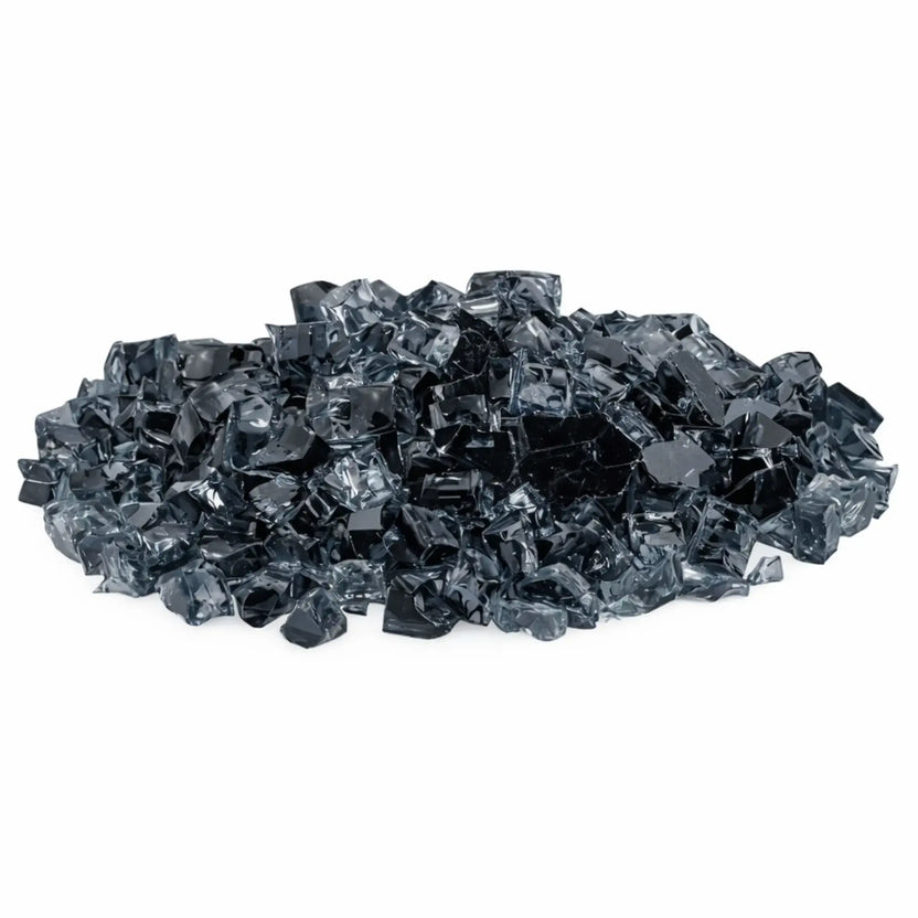 Pile of American Fire Products 1/2 inch Classic Non-Reflective Gray tempered fire glass featuring smoky charcoal and translucent gray tones with smooth tumbled edges, displayed against a white background for use in modern gas fire pits and fireplaces.