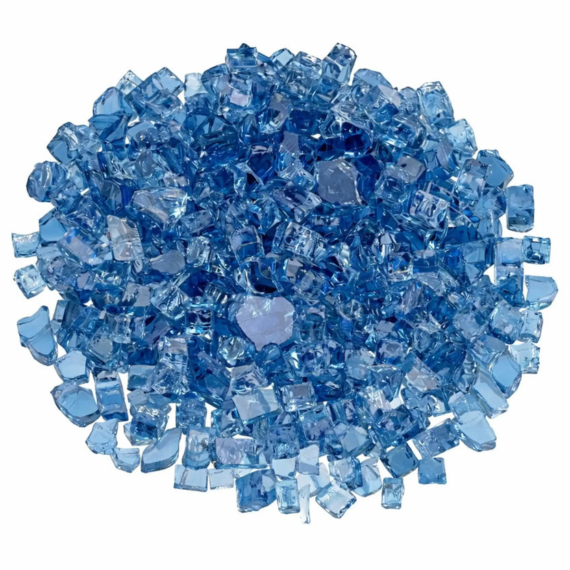 Top-down overhead view of 1/2 inch Classic Non-Reflective Pacific Blue tempered fire glass arranged in a full circular pile, highlighting consistent sizing, smooth broken edges, and layered blue tones ideal for even burner coverage in gas fireplaces.