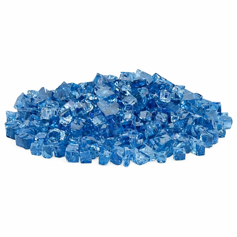 Pile of American Fire Products 1/2 inch Classic Non-Reflective Pacific Blue tempered fire glass featuring bright ocean-blue and lighter aqua tones with smooth, tumbled edges, displayed on a white background for decorative gas fire pit and fireplace media use.