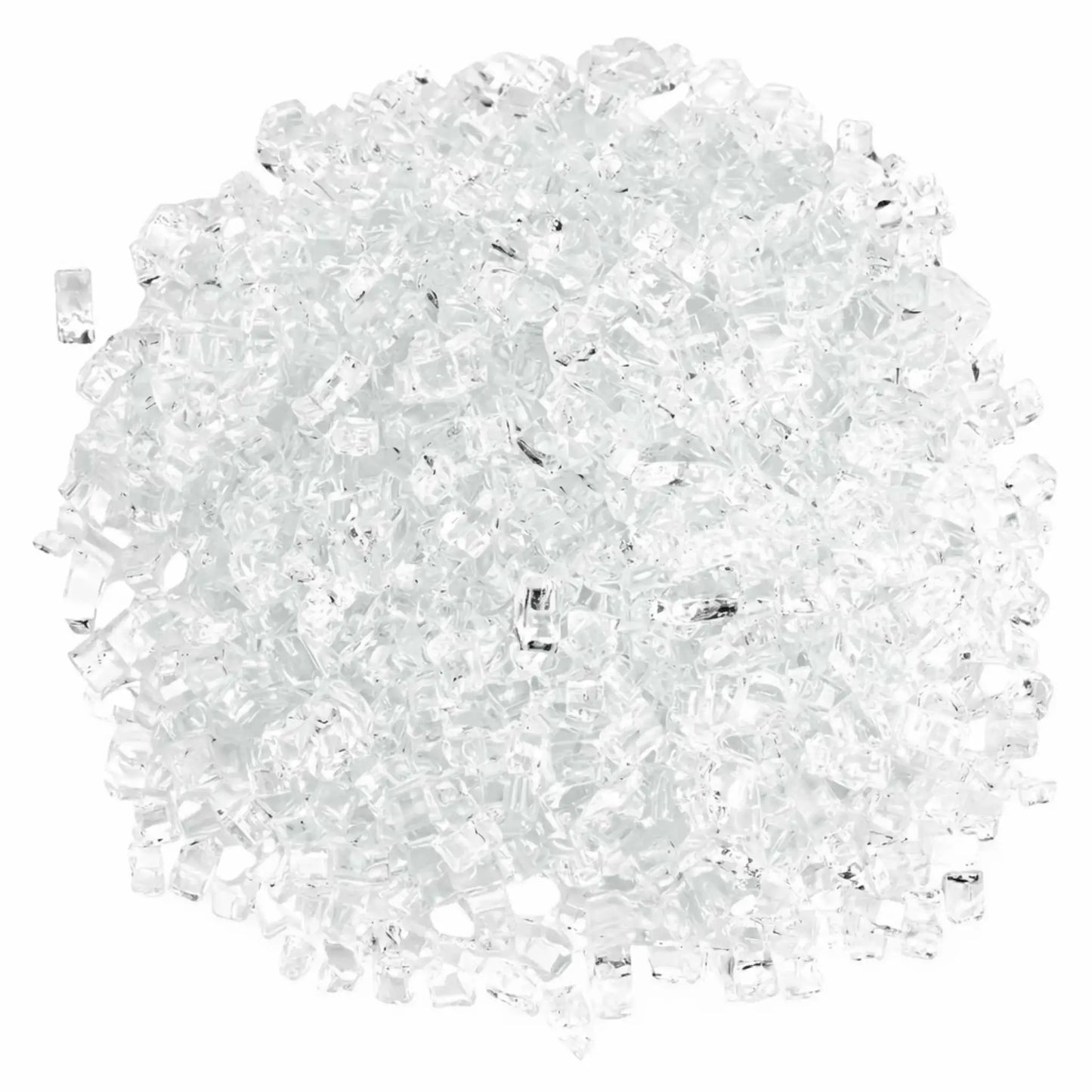 Overhead view of 1/2 inch Classic Non-Reflective Starfire Ultra Clear tempered fire glass arranged in a dense circular mound, showcasing crystal-clear low-iron pieces with uniform size and smooth edges for professional gas fireplace and fire pit burner coverage.
