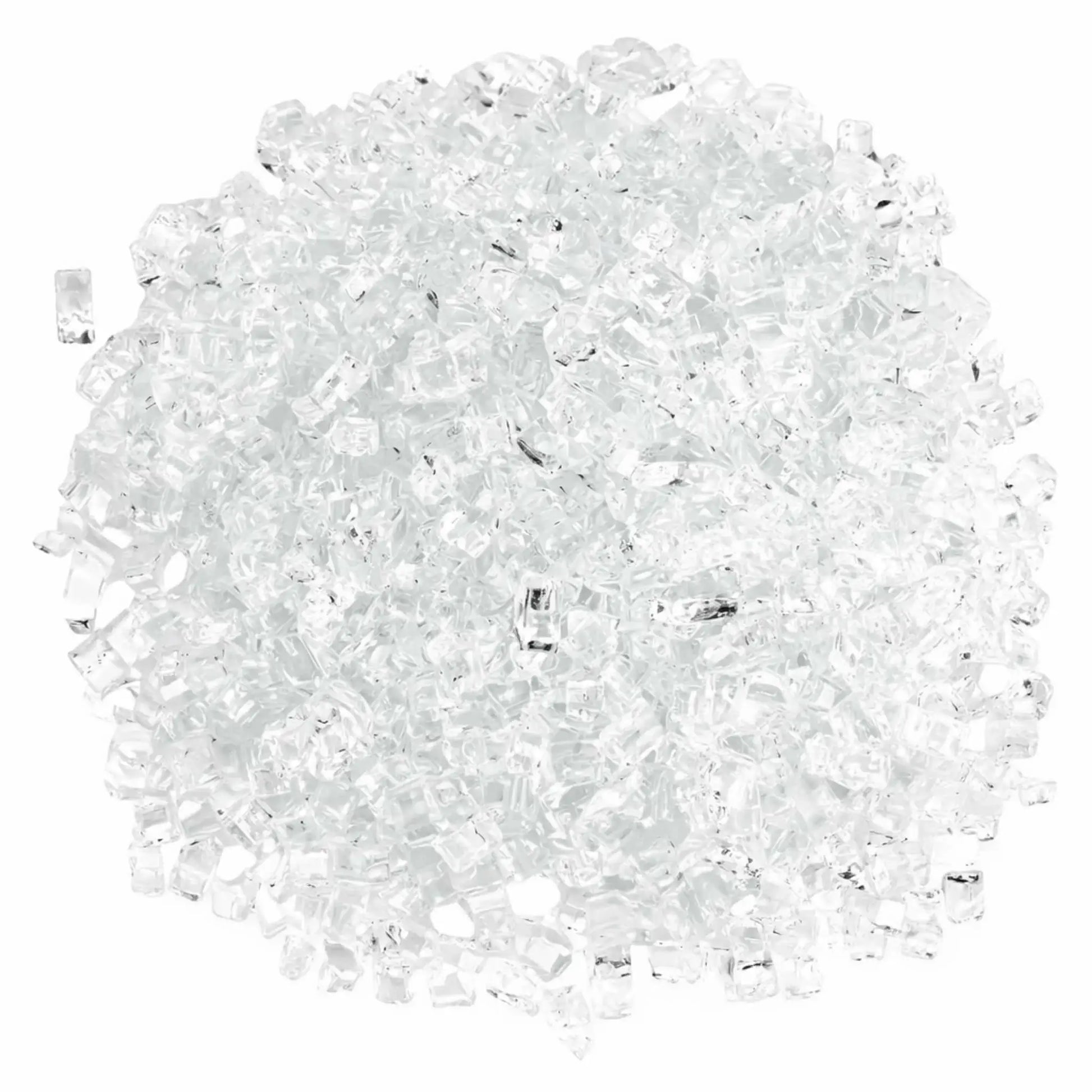 Overhead view of 1/2 inch Classic Non-Reflective Starfire Ultra Clear tempered fire glass arranged in a dense circular mound, showcasing crystal-clear low-iron pieces with uniform size and smooth edges for professional gas fireplace and fire pit burner coverage.