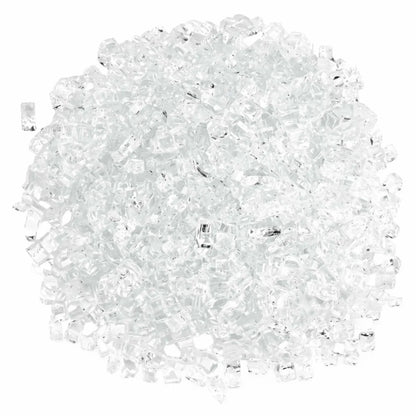 Overhead view of 1/2 inch Classic Non-Reflective Starfire Ultra Clear tempered fire glass arranged in a dense circular mound, showcasing crystal-clear low-iron pieces with uniform size and smooth edges for professional gas fireplace and fire pit burner coverage.