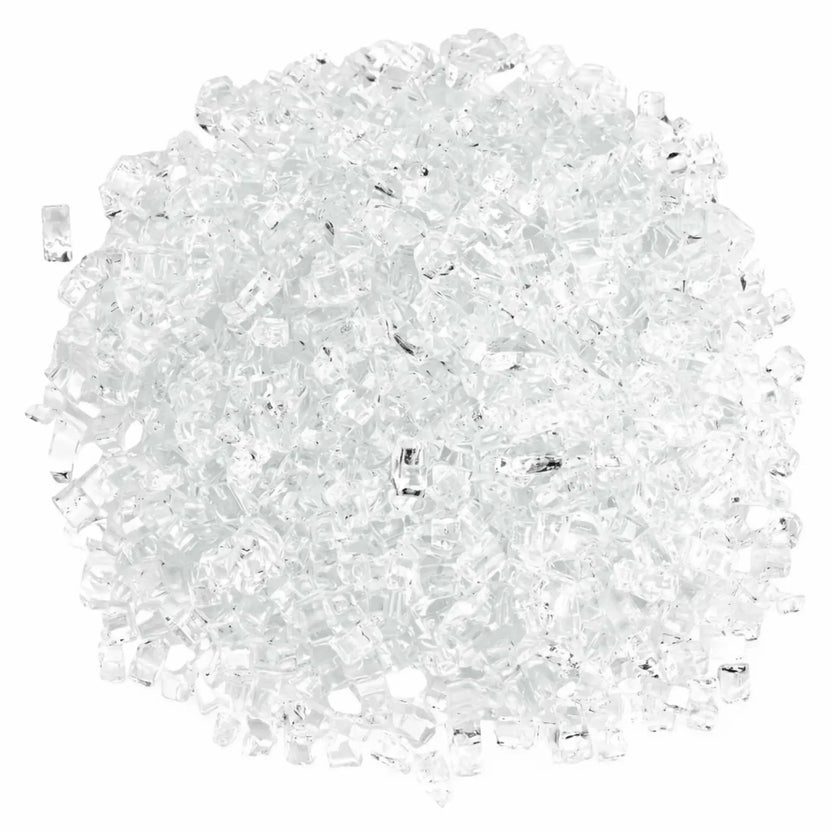 Overhead view of 1/2 inch Classic Non-Reflective Starfire Ultra Clear tempered fire glass arranged in a dense circular mound, showcasing crystal-clear low-iron pieces with uniform size and smooth edges for professional gas fireplace and fire pit burner coverage.