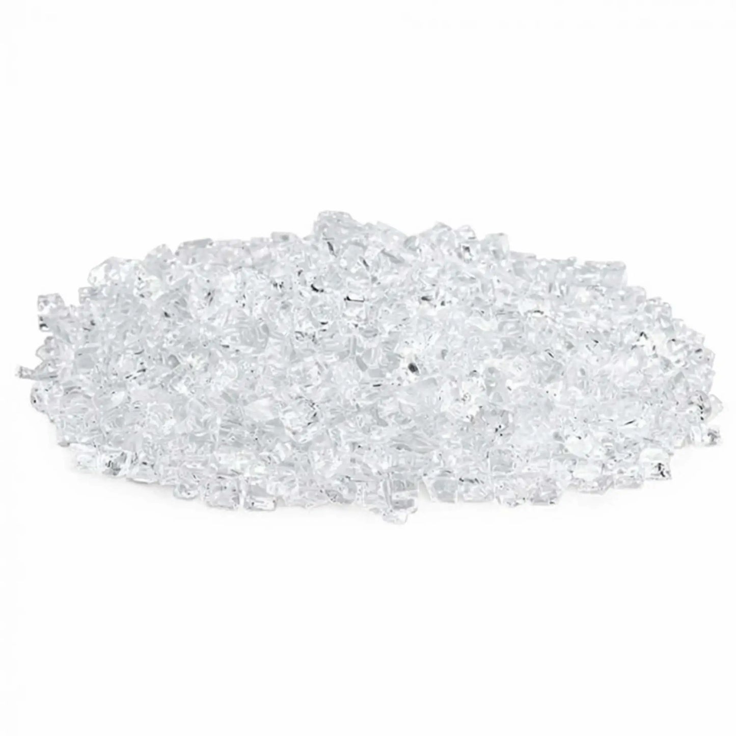 Pile of American Fire Products 1/2 inch Classic Non-Reflective Starfire Ultra Clear tempered fire glass featuring crystal-clear, low-iron transparency with polished edges, displayed on a white background for clean, modern gas fire pit and fireplace installations.
