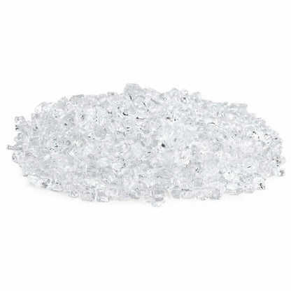 Pile of American Fire Products 1/2 inch Classic Non-Reflective Starfire Ultra Clear tempered fire glass featuring crystal-clear, low-iron transparency with polished edges, displayed on a white background for clean, modern gas fire pit and fireplace installations.