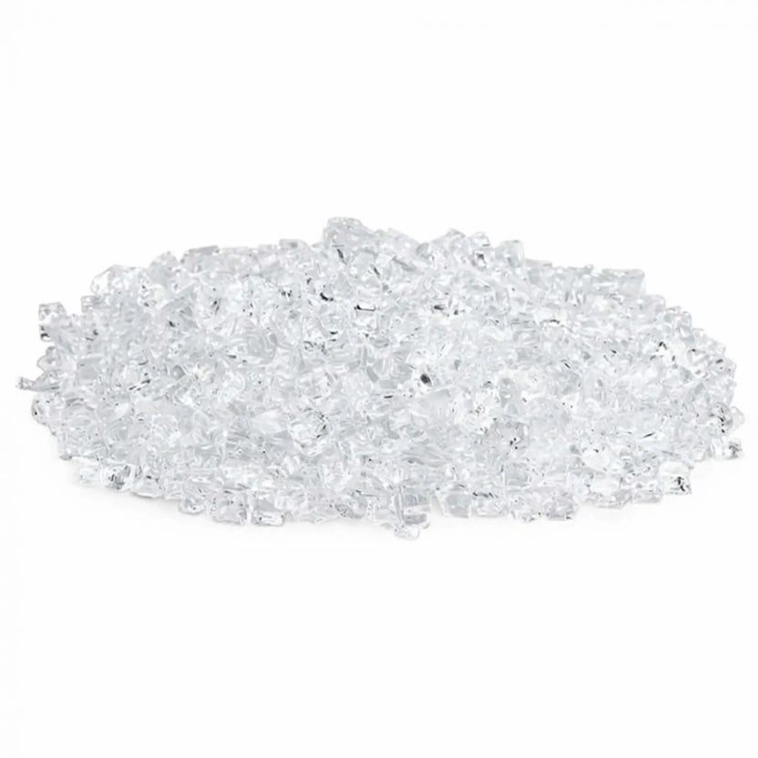 Pile of American Fire Products 1/2 inch Classic Non-Reflective Starfire Ultra Clear tempered fire glass featuring crystal-clear, low-iron transparency with polished edges, displayed on a white background for clean, modern gas fire pit and fireplace installations.