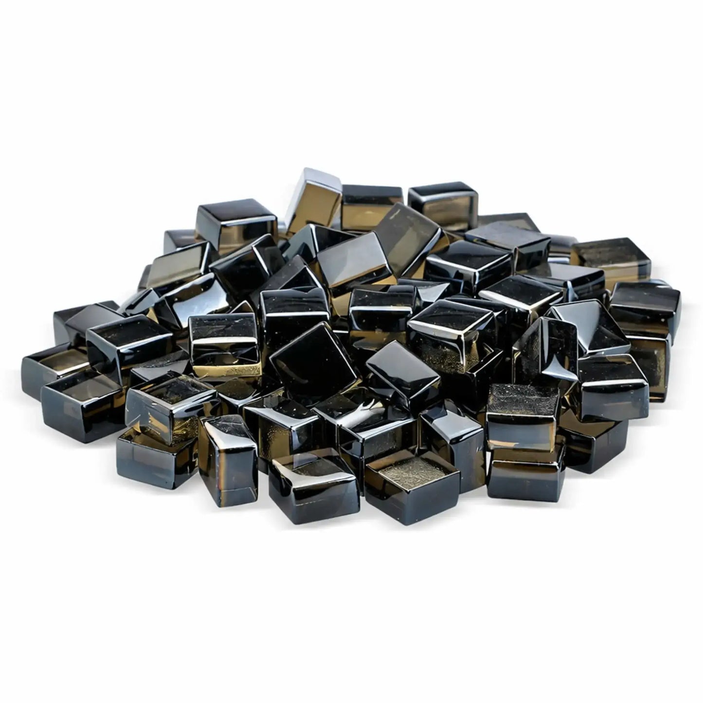 Studio image of bronze Luster 2.0 half-inch tempered fire glass cubes from American Fire Products, stacked in a small mound against a clean white backdrop. The warm bronze tint and glossy finish add a rich, metallic-inspired accent to gas fire pits and fireplaces.