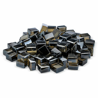 Studio image of bronze Luster 2.0 half-inch tempered fire glass cubes from American Fire Products, stacked in a small mound against a clean white backdrop. The warm bronze tint and glossy finish add a rich, metallic-inspired accent to gas fire pits and fireplaces.