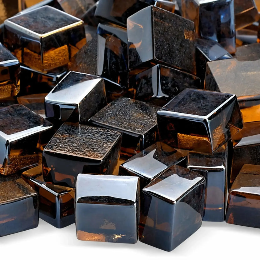 Detailed close-up of copper Luster 2.0 tempered fire glass cubes showing their smooth, beveled edges and glossy, reflective finish. The deep copper tones and textured undersides catch the light, revealing subtle variations in color that enhance the look of a gas fireplace or fire pit.