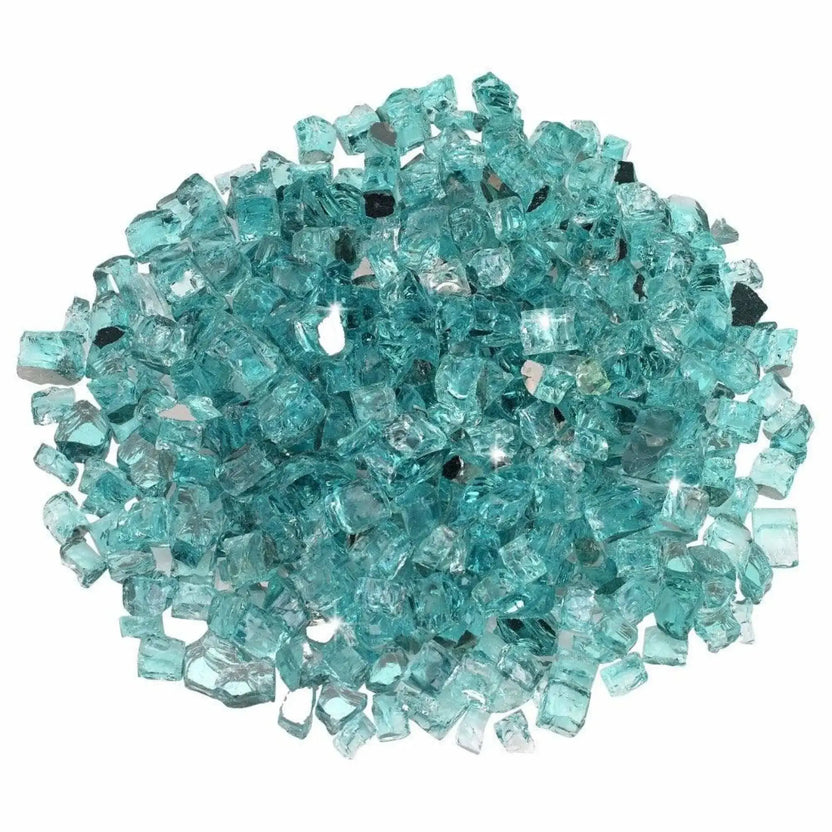 Top-down view of American Fire Products 1/2 inch premium reflective Azuria fire glass, showing a full circular arrangement of aqua blue tempered glass pieces with reflective backing for maximum light refraction and visual depth.