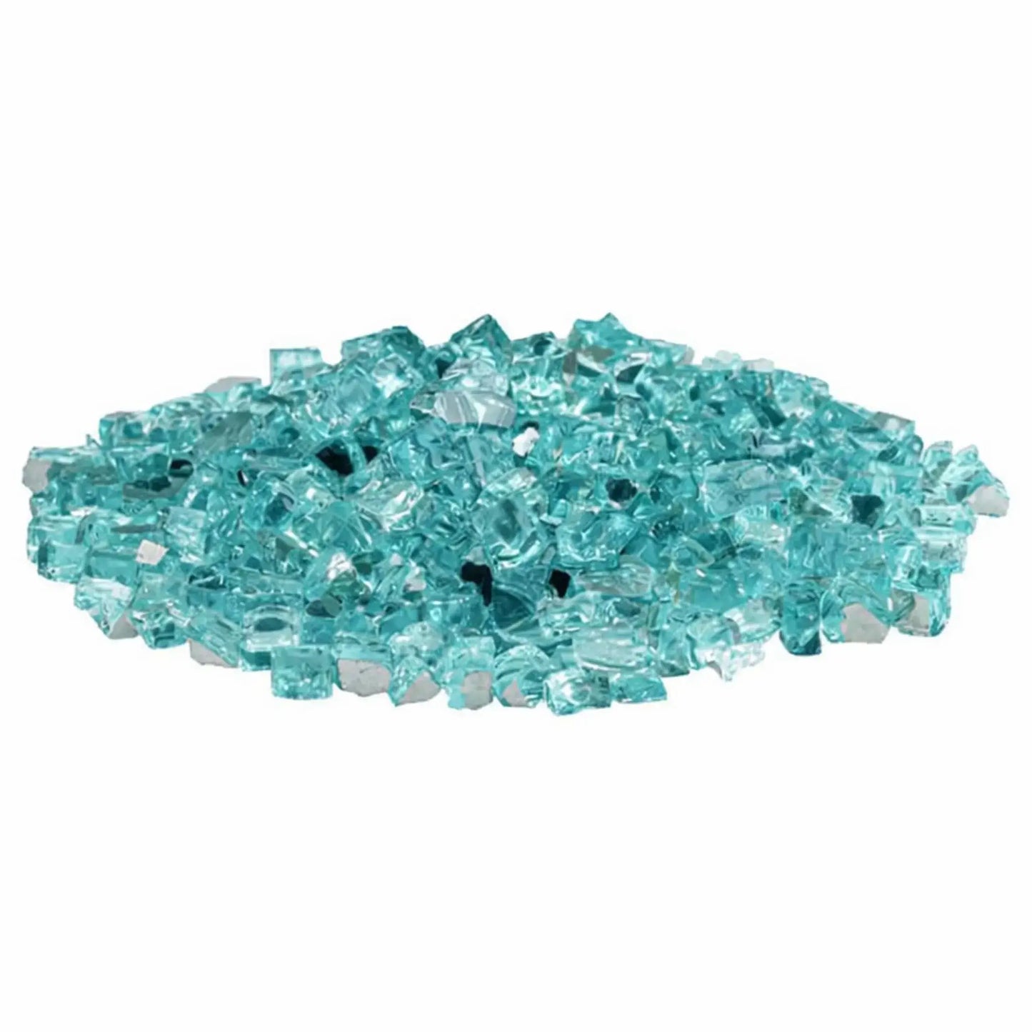 Pile of American Fire Products 1/2 inch premium reflective Azuria fire glass in a vibrant aqua blue tone, featuring angular tempered glass pieces with mirrored backing for added sparkle, displayed on a clean white background for product clarity.