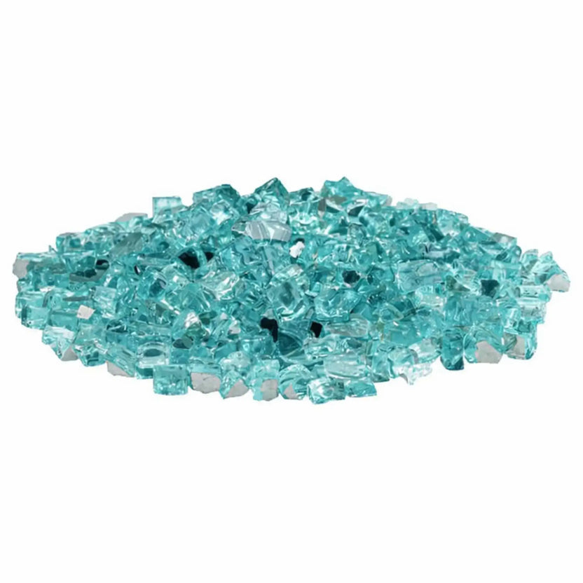 Pile of American Fire Products 1/2 inch premium reflective Azuria fire glass in a vibrant aqua blue tone, featuring angular tempered glass pieces with mirrored backing for added sparkle, displayed on a clean white background for product clarity.