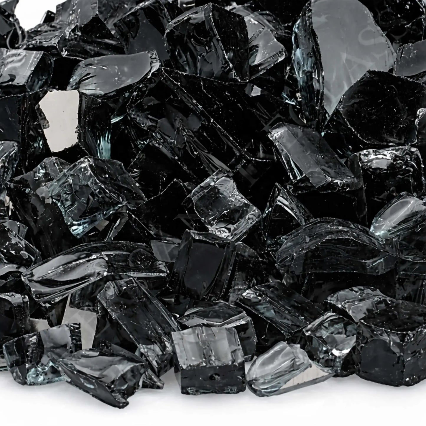 Detailed close-up of 1/2 inch premium reflective black tempered fire glass by American Fire Products, showcasing the sharp-edged, high-gloss fragments with mirrored surfaces that intensify flame reflection and create a dramatic fire feature look.
