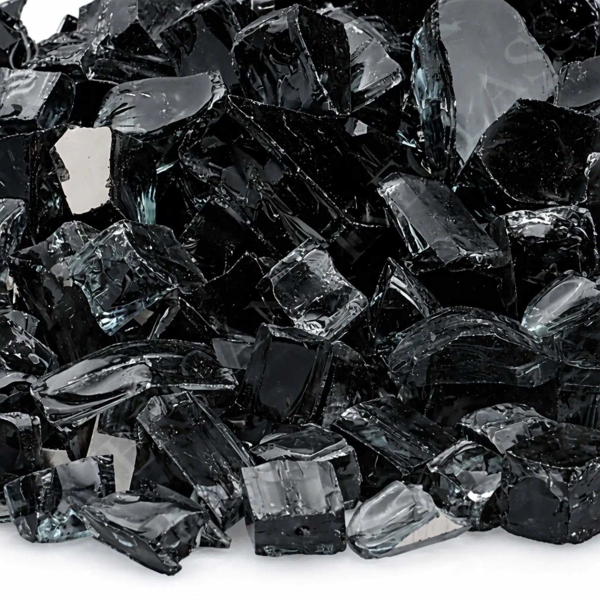 Detailed close-up of 1/2 inch premium reflective black tempered fire glass by American Fire Products, showcasing the sharp-edged, high-gloss fragments with mirrored surfaces that intensify flame reflection and create a dramatic fire feature look.