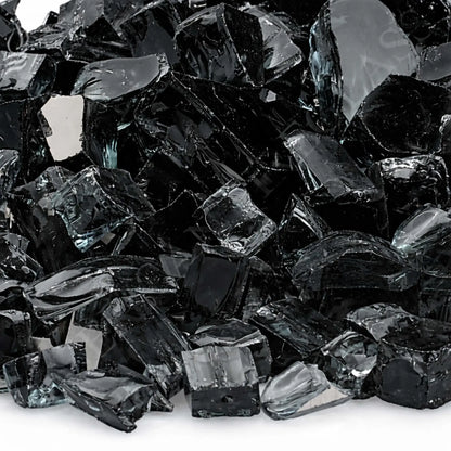 Detailed close-up of 1/2 inch premium reflective black tempered fire glass by American Fire Products, showcasing the sharp-edged, high-gloss fragments with mirrored surfaces that intensify flame reflection and create a dramatic fire feature look.