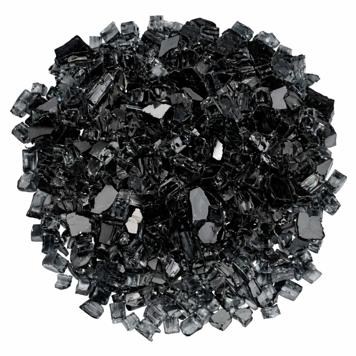 Overhead top view of American Fire Products 1/2 inch premium reflective black fire glass arranged in a circular mound, highlighting the glossy tempered glass pieces and reflective coating designed for enhanced flame shimmer.