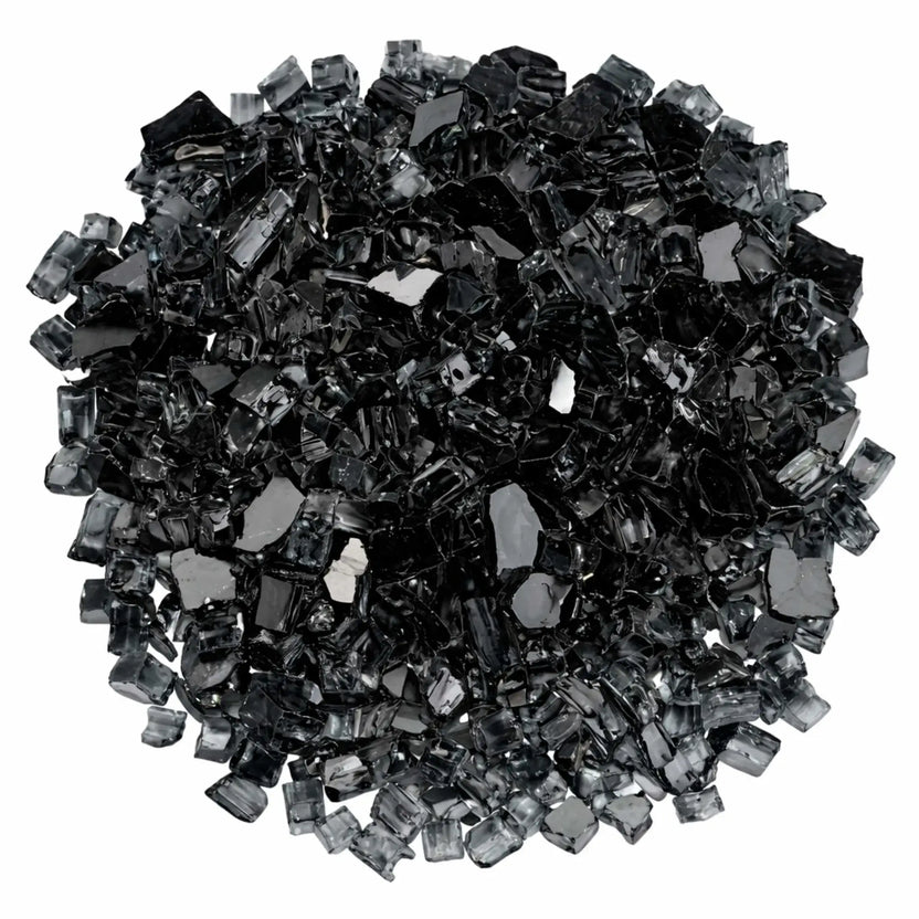 Overhead top view of American Fire Products 1/2 inch premium reflective black fire glass arranged in a circular mound, highlighting the glossy tempered glass pieces and reflective coating designed for enhanced flame shimmer.