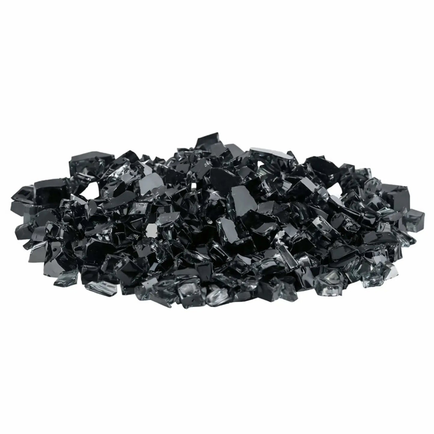 Pile of American Fire Products 1/2 inch premium reflective black fire glass with glossy, angular tempered pieces and mirrored backing, displayed on a white background to emphasize the deep smoky black tone and reflective shine.
