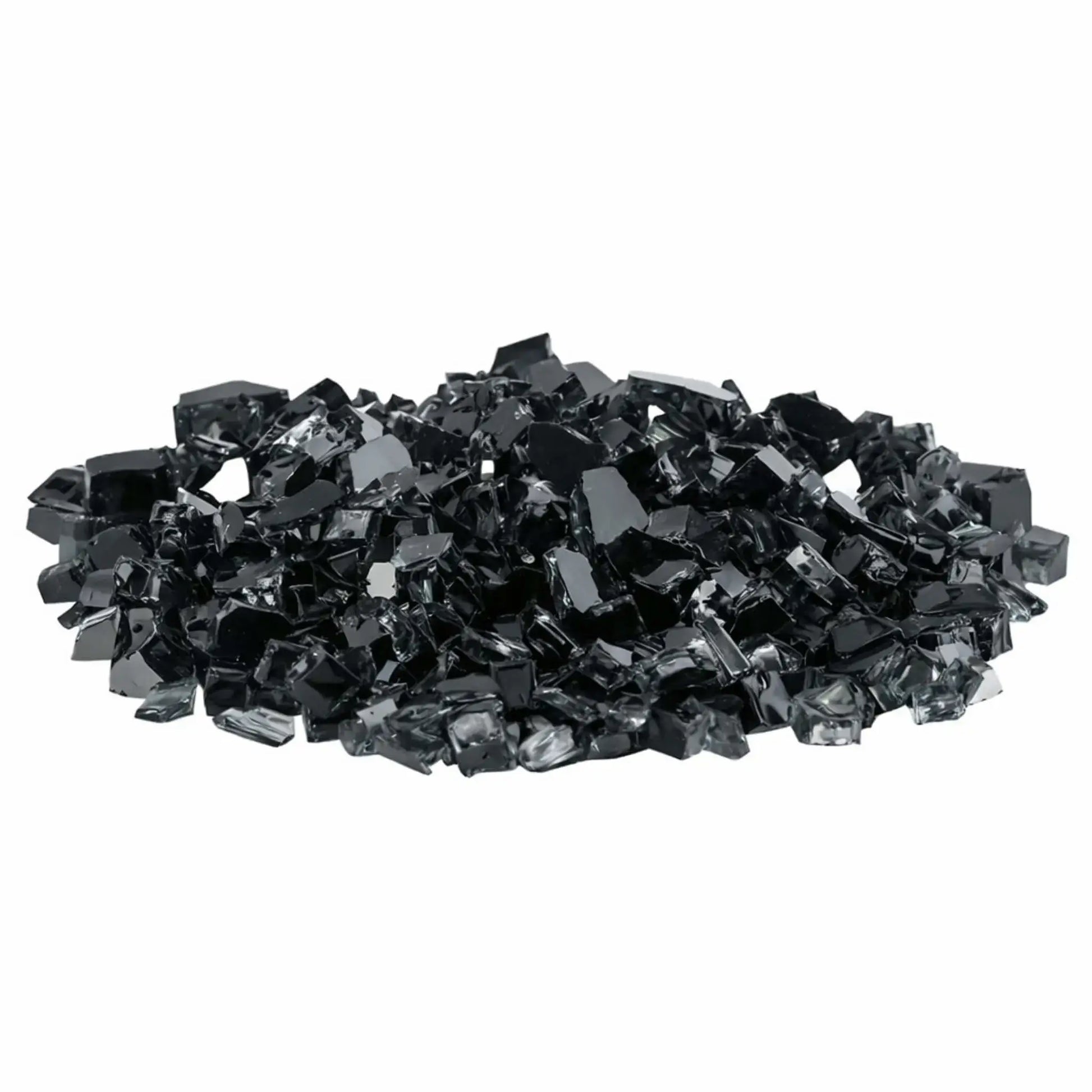 Pile of American Fire Products 1/2 inch premium reflective black fire glass with glossy, angular tempered pieces and mirrored backing, displayed on a white background to emphasize the deep smoky black tone and reflective shine.