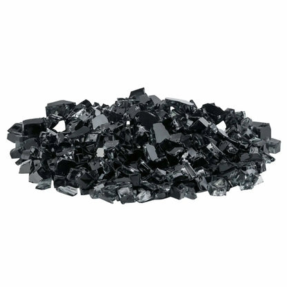 Pile of American Fire Products 1/2 inch premium reflective black fire glass with glossy, angular tempered pieces and mirrored backing, displayed on a white background to emphasize the deep smoky black tone and reflective shine.