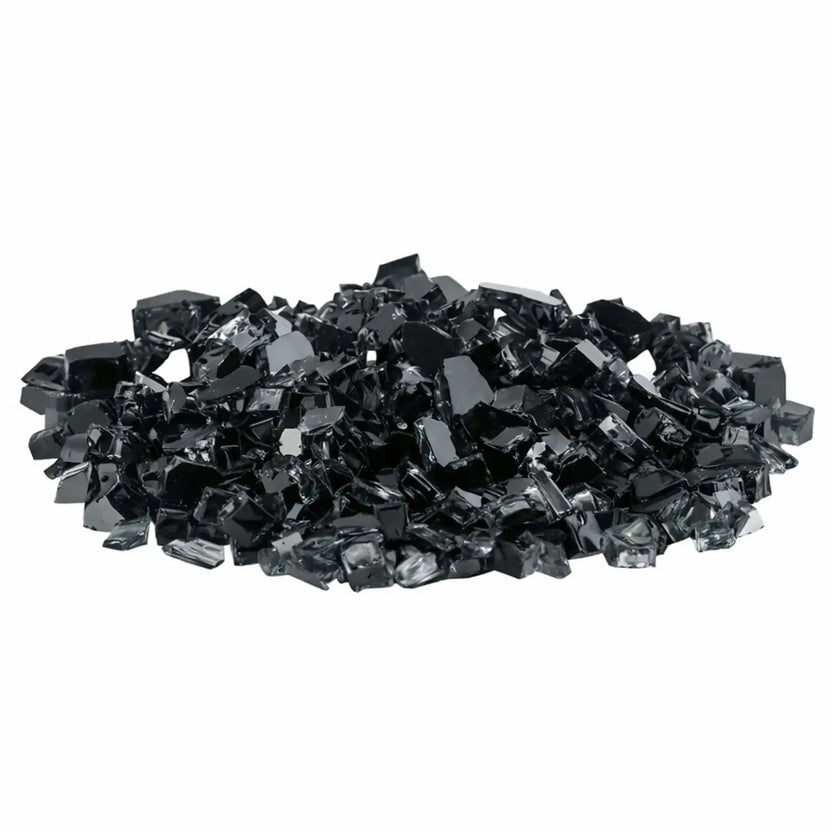 Pile of American Fire Products 1/2 inch premium reflective black fire glass with glossy, angular tempered pieces and mirrored backing, displayed on a white background to emphasize the deep smoky black tone and reflective shine.