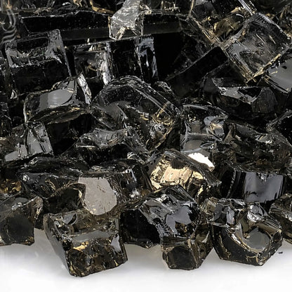 Tight close-up of American Fire Products 1/2 inch premium reflective bronze fire glass, showing smoky brown tempered glass pieces with angular edges and mirrored backing that catches light and adds depth to the rich bronze tone.